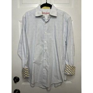 robert graham mens flip cuff shirt classic light blue lines size medium